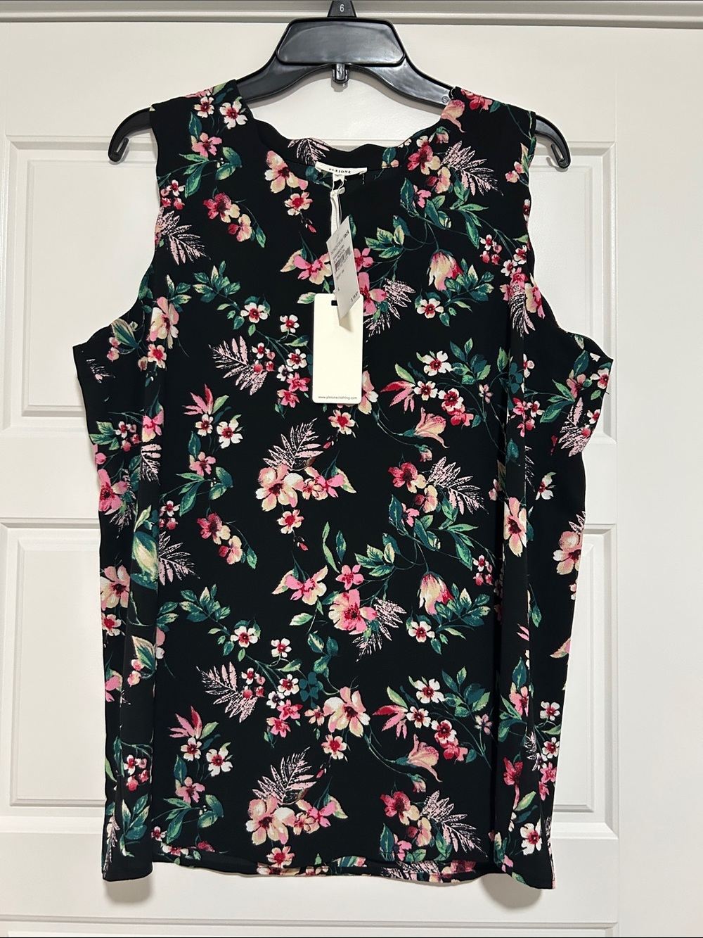 Pleione Black Floral Sleeveless Blouse with Pink & Green Accents